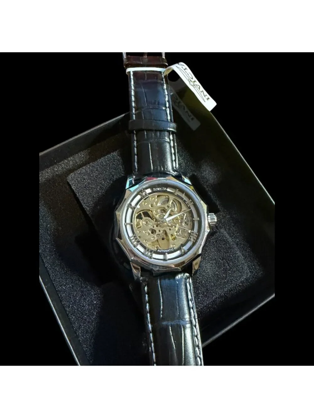 Invicta Automatic Objet D Art 46mm Skeleton Watch Men's Black Leather Strap